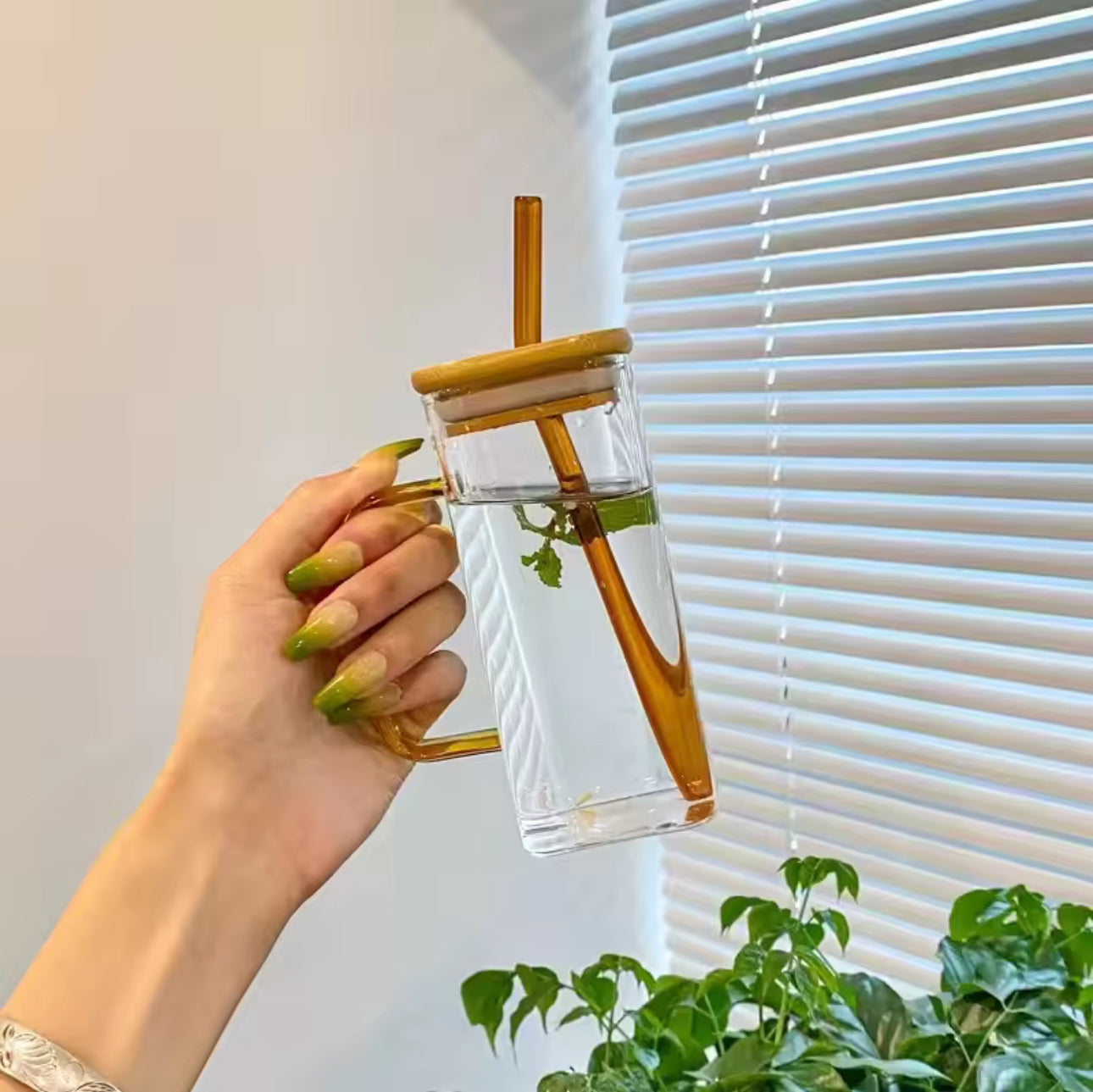 Square Glass Cup with Bamboo Lid, Clear Drinking Glasses, Colorful Glass Straw,, Juice, Bubble Tea Cup