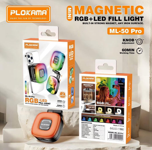 Plokama ML-50 Pro RGB Magnetic Fill Light – Rechargeable LED Light with Built-in Mirror & Strong Magnetic Mount