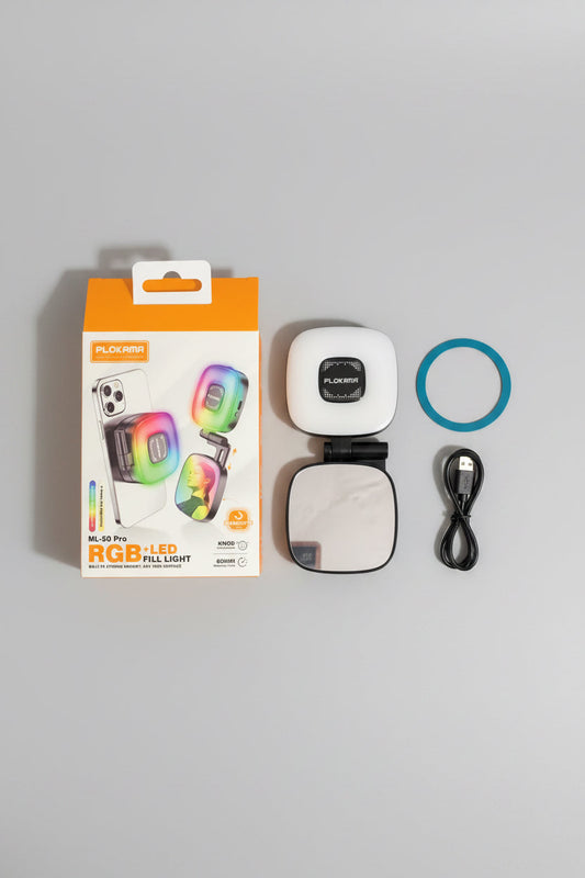 Plokama ML-50 Pro RGB Magnetic Fill Light – Rechargeable LED Light with Built-in Mirror & Strong Magnetic Mount